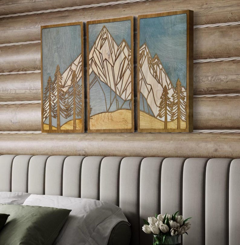 Geometric Mountain Wood Wall Art Triptych