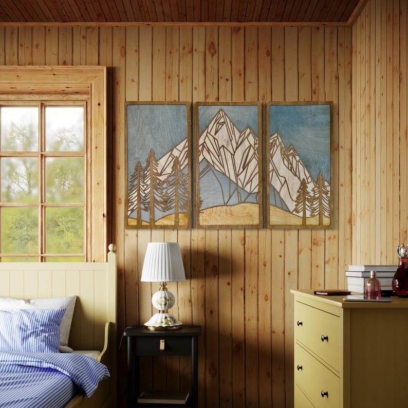 Geometric Mountain Wood Wall Art Triptych
