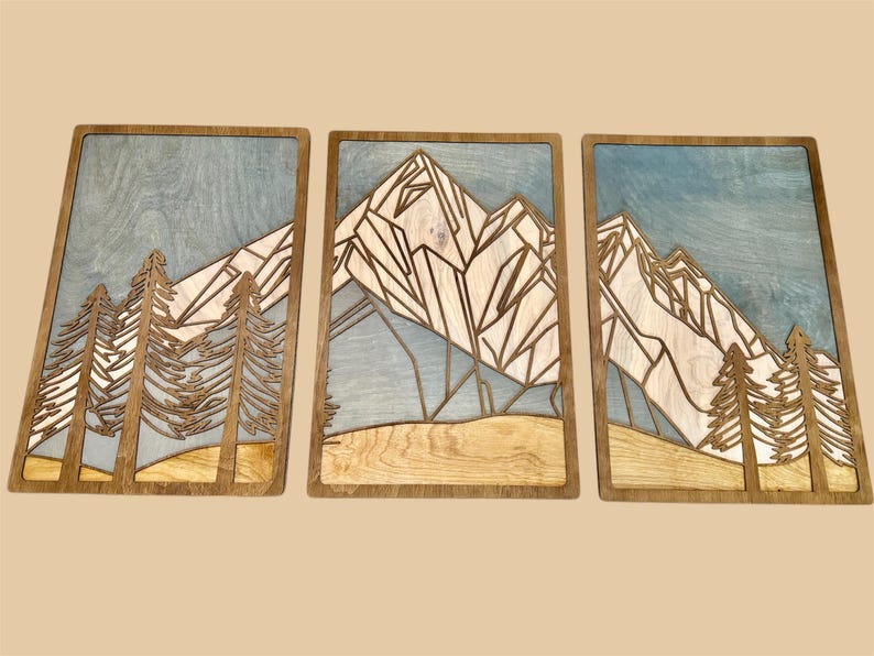 Geometric Mountain Wood Wall Art Triptych